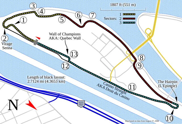 Plánek okruhu Circuit Gilles Villeneuve
